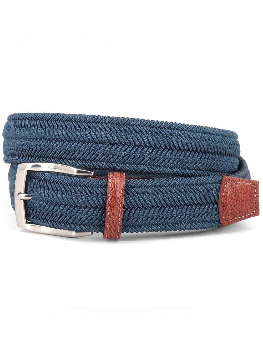 Torino Leather Italian Woven Herringbone Rayon Stretch Belt Navy size 36